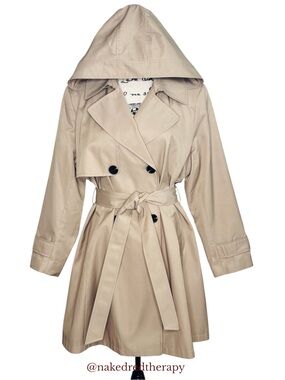 Halogen Double-Breasted Hooded Khaki/Sand Trench Coat with Waist Tie | Women XL